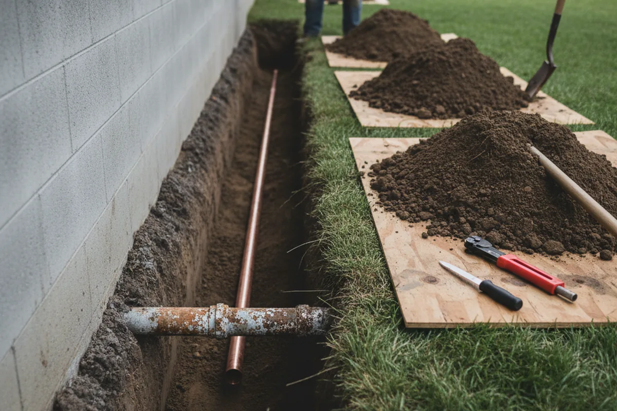 Excavated water line trench during Water Heater Repair in Buena
